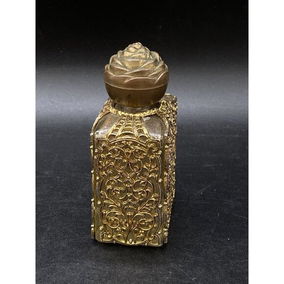 Glass Lalique Perfume Bottle Ornate Brass Metal Gold Toned Cover Holy Water - Picture 4 of 8